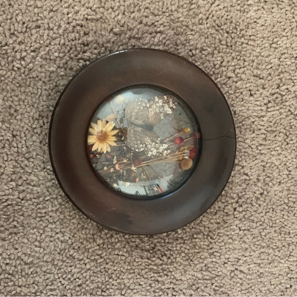 Vintage Glass Art with Floral Design in Brown Frame